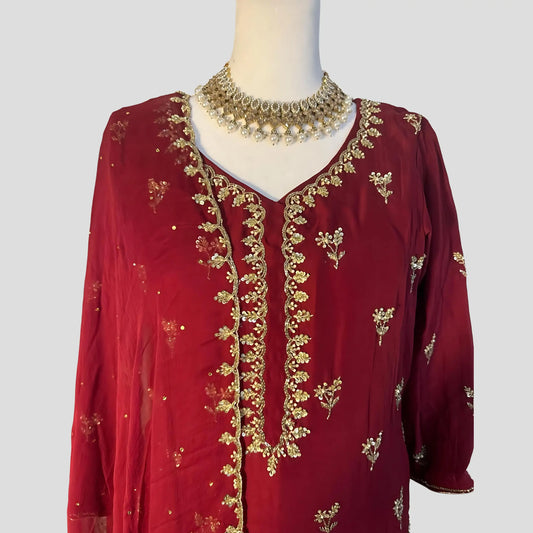 Maroon Hand Embroidered Sharara with Dupatta