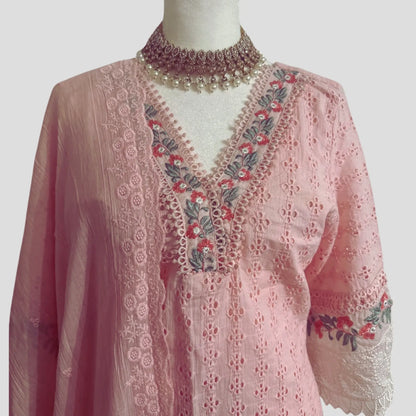 Baby Pink Chikankari Embroidered pant suit