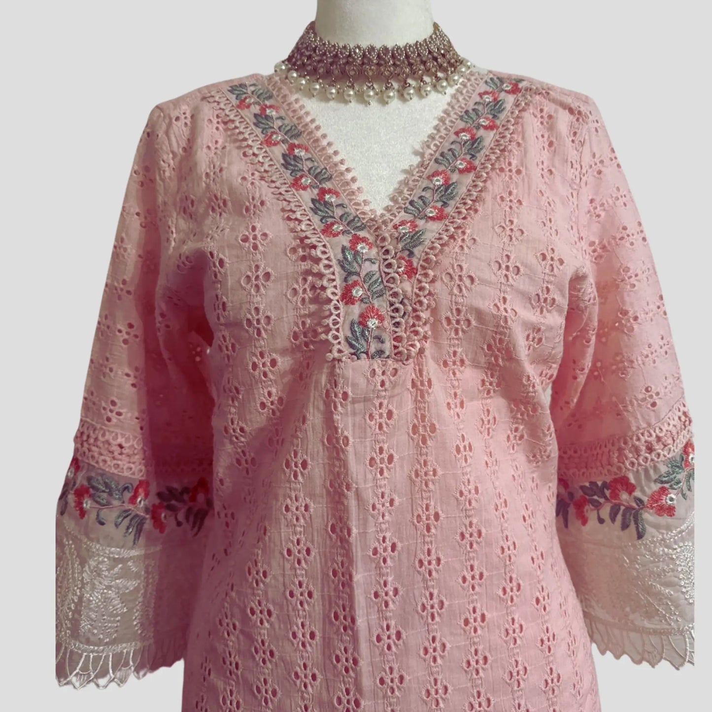 Baby Pink Chikankari Embroidered pant suit