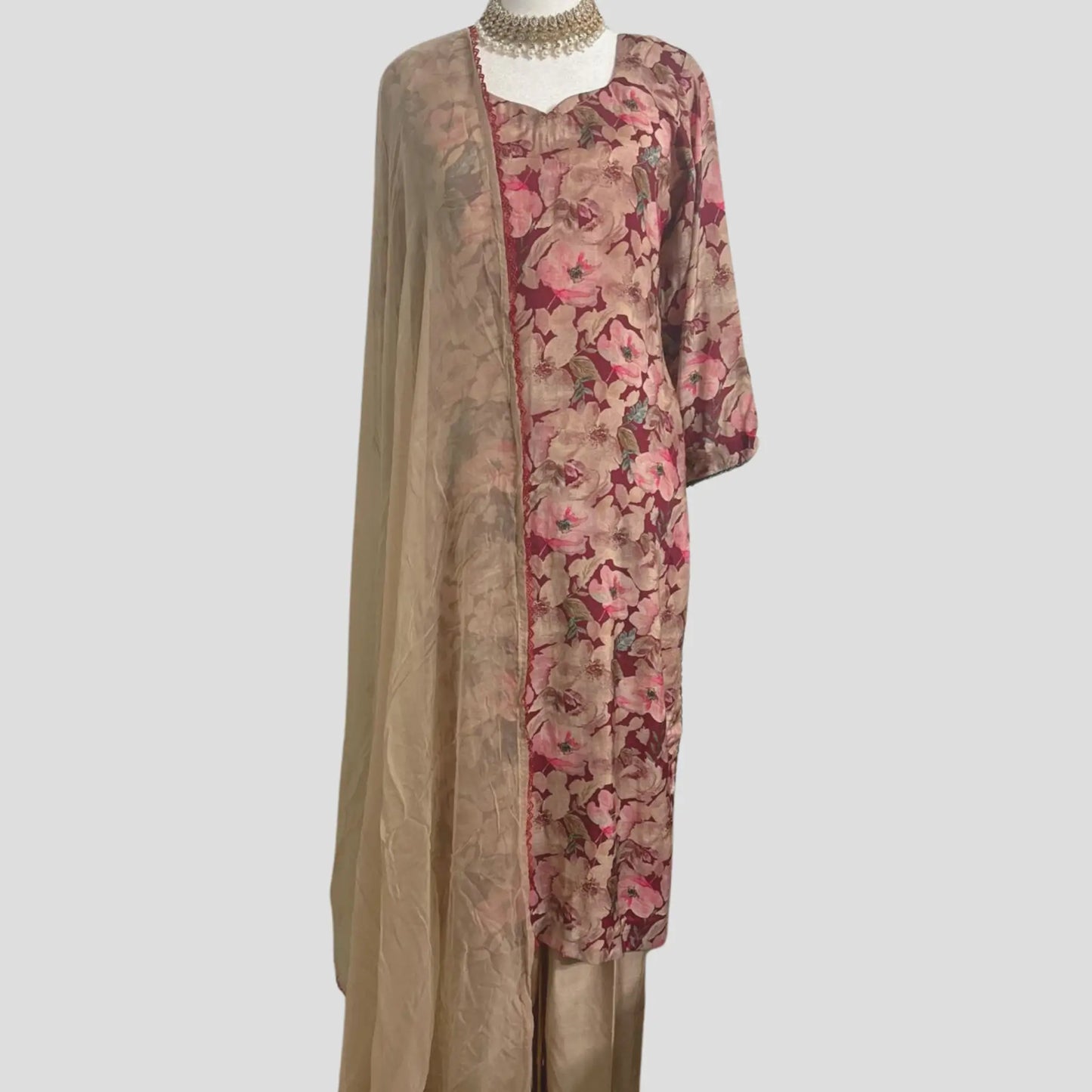 Beige-Maroon Muslin Printed Pant Suit