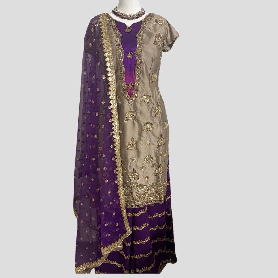 Beige and Purple Silk Embroidered Sharara Set