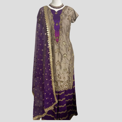 Beige and Purple Silk Embroidered Sharara Set