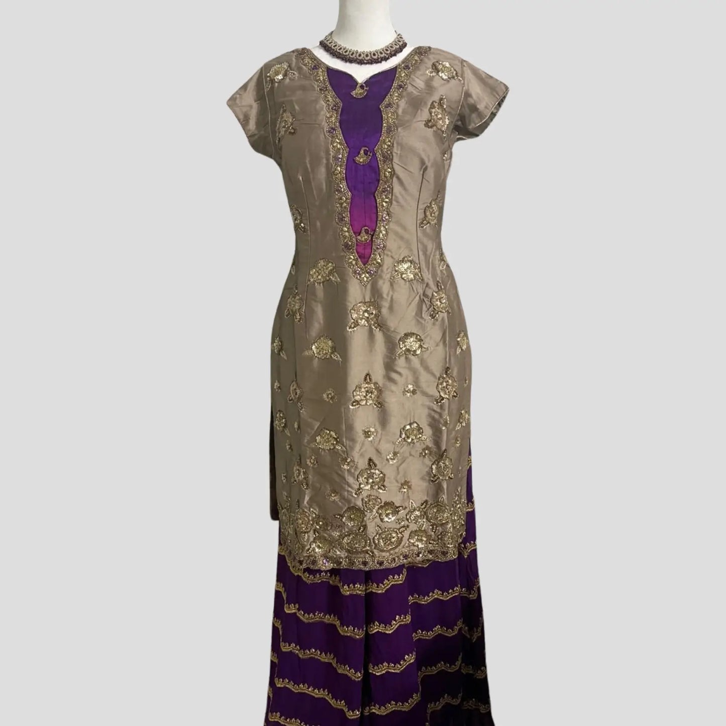 Beige and Purple Silk Embroidered Sharara Set