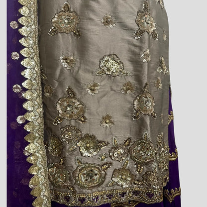 Beige and Purple Silk Embroidered Sharara Set