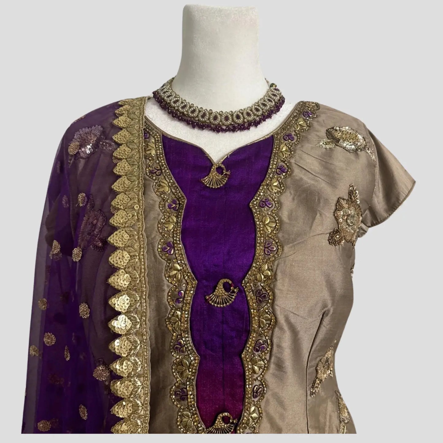 Beige and Purple Silk Embroidered Sharara Set