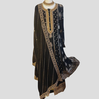 Black Embroidered Anarkali top with Palazzo and Dupatta