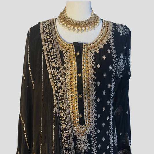 Black Embroidered Anarkali top with Palazzo and Dupatta