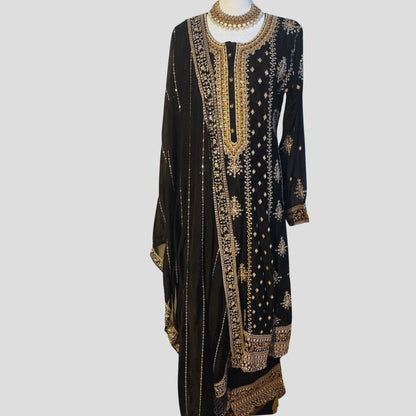 Black Embroidered Anarkali top with Palazzo and Dupatta