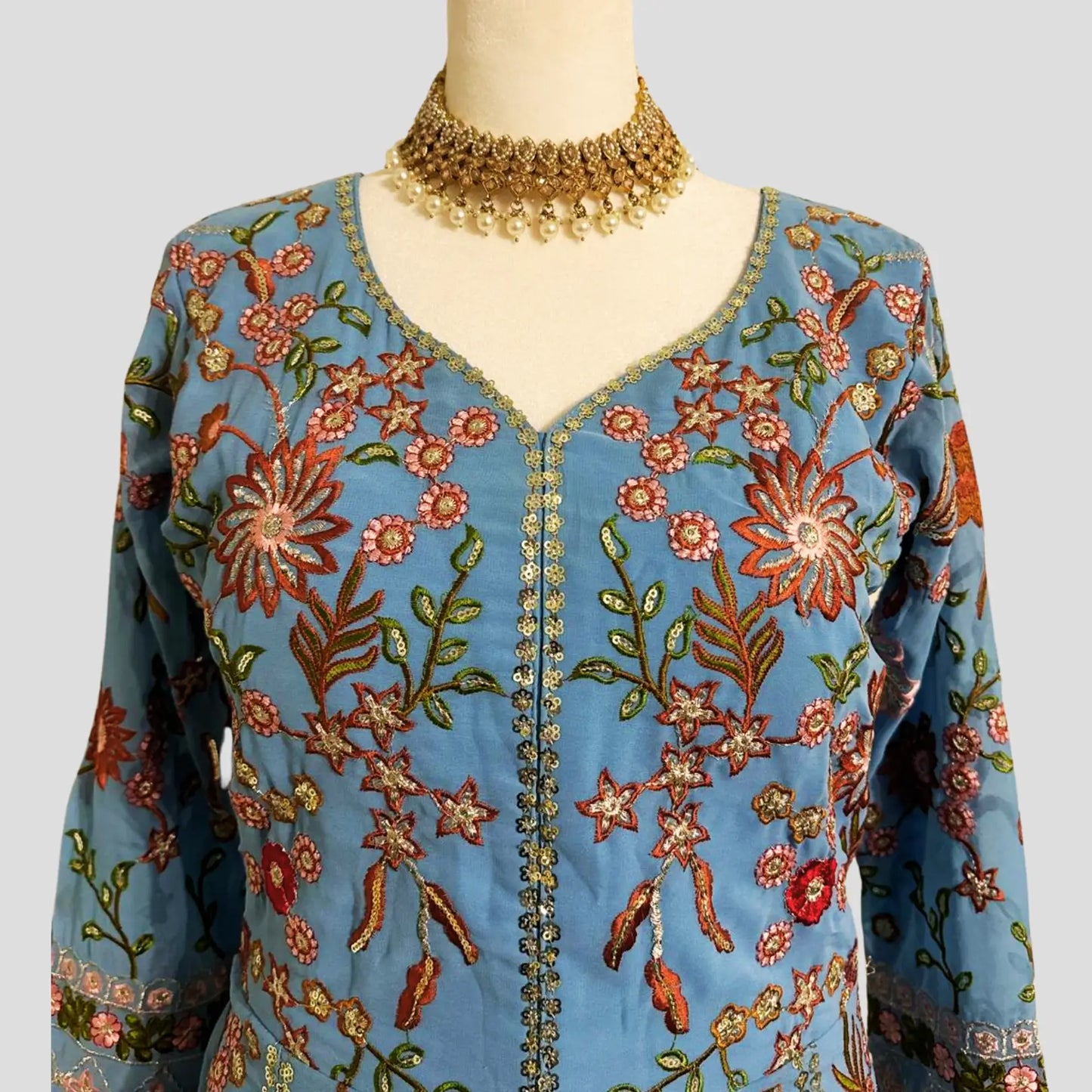 Blue Embroidered Anarkali with Sharara and Dupatta