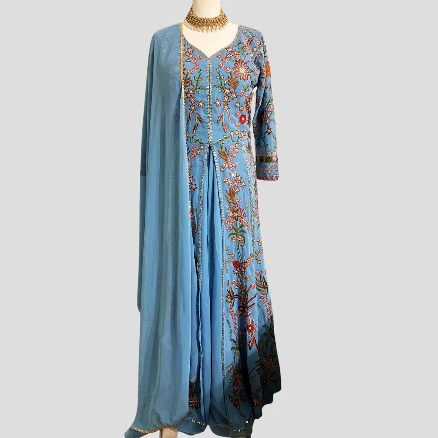 Blue Embroidered Anarkali with Sharara and Dupatta