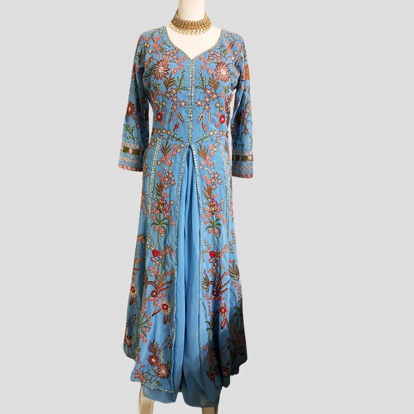 Blue Embroidered Anarkali with Sharara and Dupatta