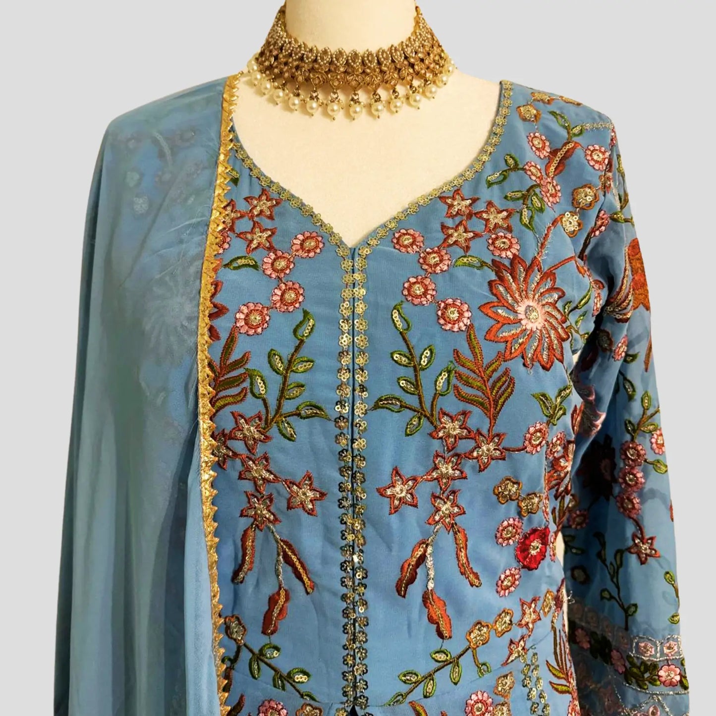 Blue Embroidered Anarkali with Sharara and Dupatta