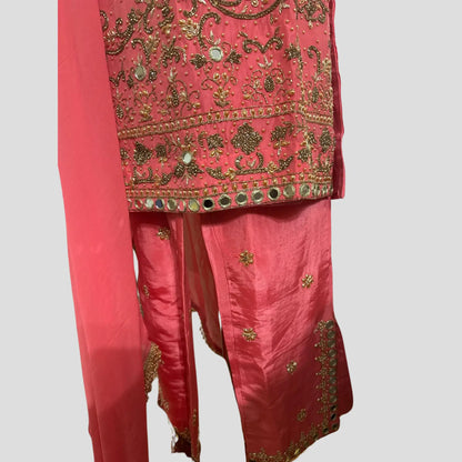 Coral Peach Silk Hand Embroidered Top with Pant Suit