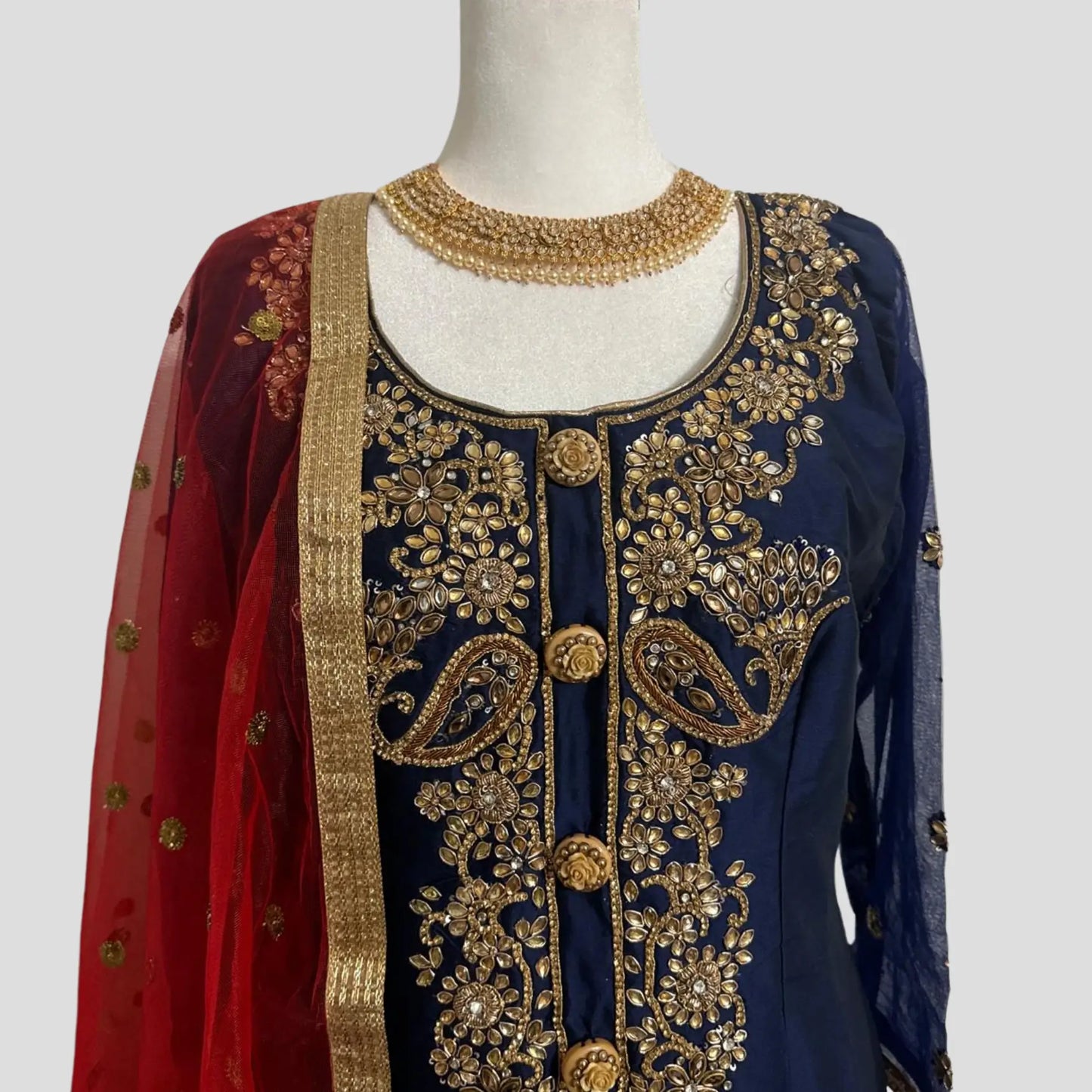 Dark Blue Silk Hand Embroidered Top with Pure Banarsi Silk Sharara and Net Dupatta