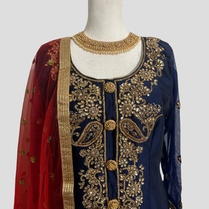 Dark Blue Silk Hand Embroidered Top with Pure Banarsi Silk Sharara and Net Dupatta