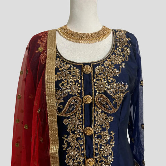 Dark Blue Silk Hand Embroidered Top with Pure Banarsi Silk Sharara and Net Dupatta