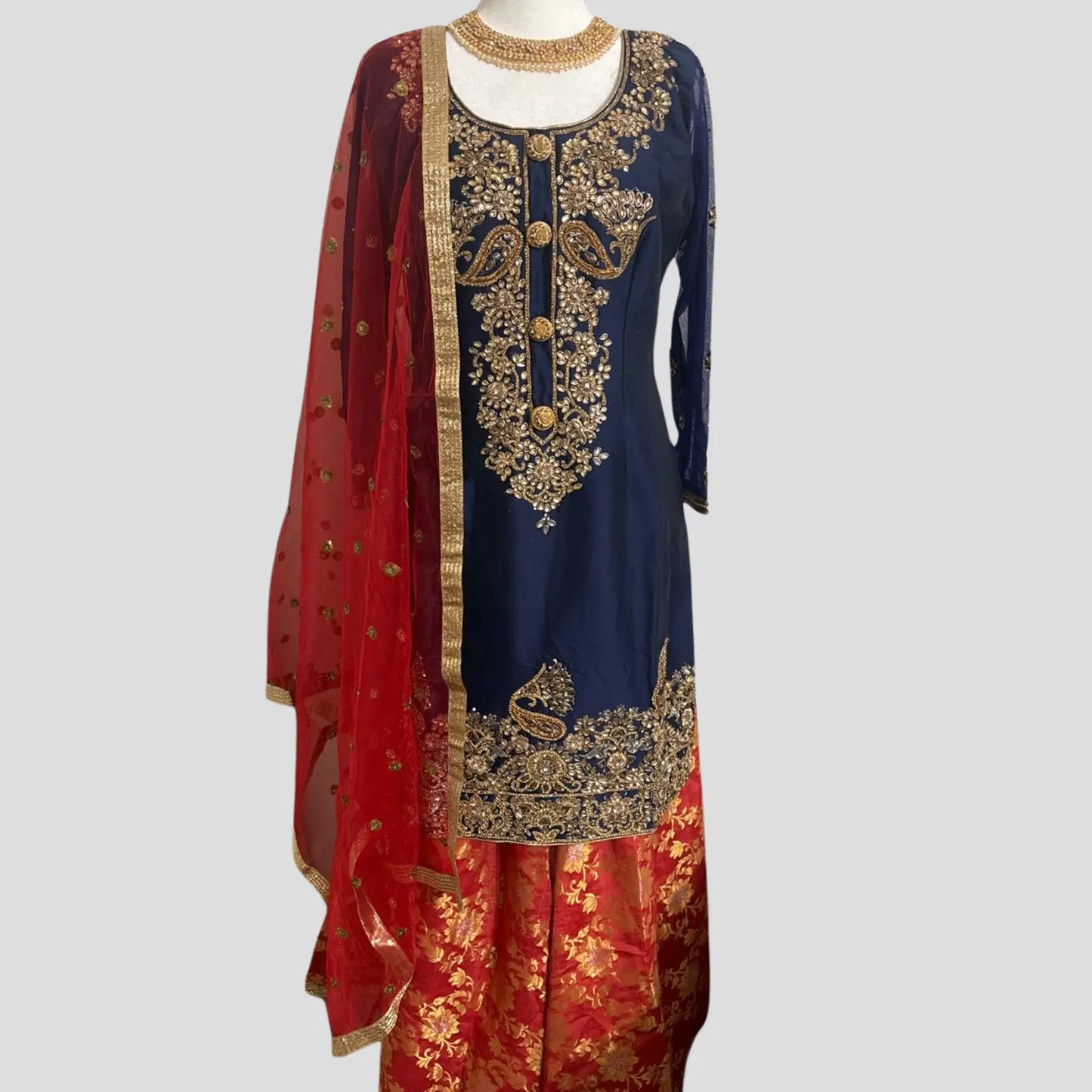 Dark Blue Silk Hand Embroidered Top with Pure Banarsi Silk Sharara and Net Dupatta