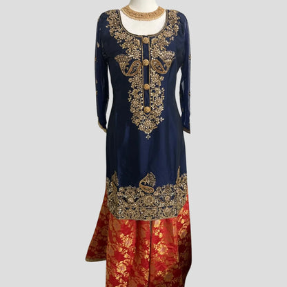 Dark Blue Silk Hand Embroidered Top with Pure Banarsi Silk Sharara and Net Dupatta