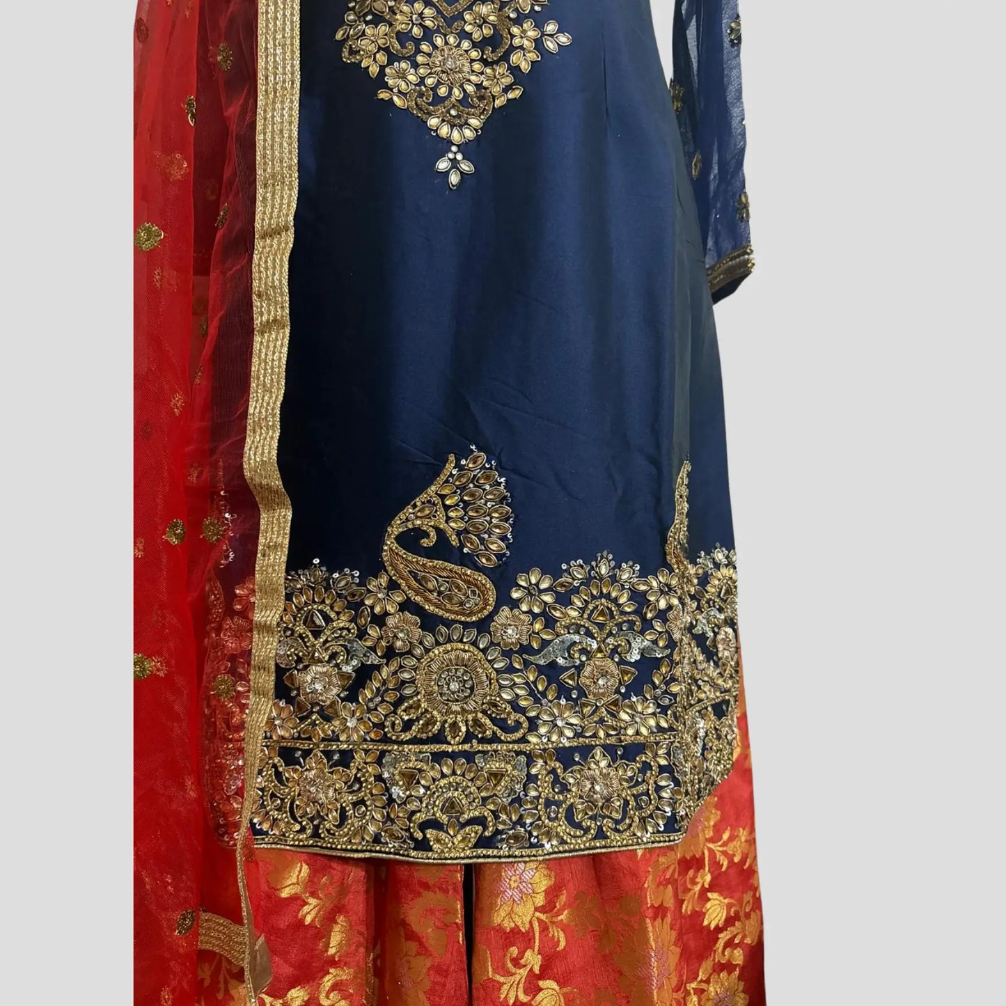 Dark Blue Silk Hand Embroidered Top with Pure Banarsi Silk Sharara and Net Dupatta