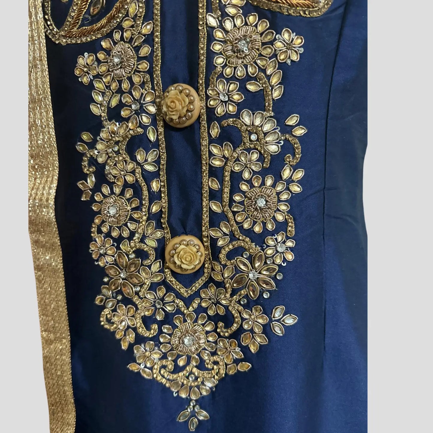 Dark Blue Silk Hand Embroidered Top with Pure Banarsi Silk Sharara and Net Dupatta