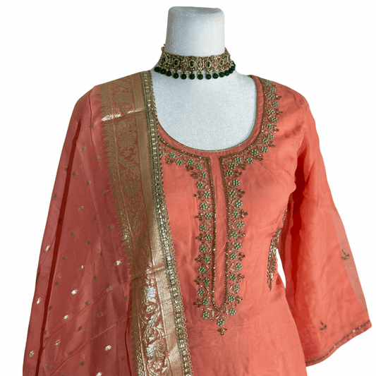 Embroidered Shimmer Organza Top, bottom with Banarsi Dupatta ROOHANI FASHIONS LLC.