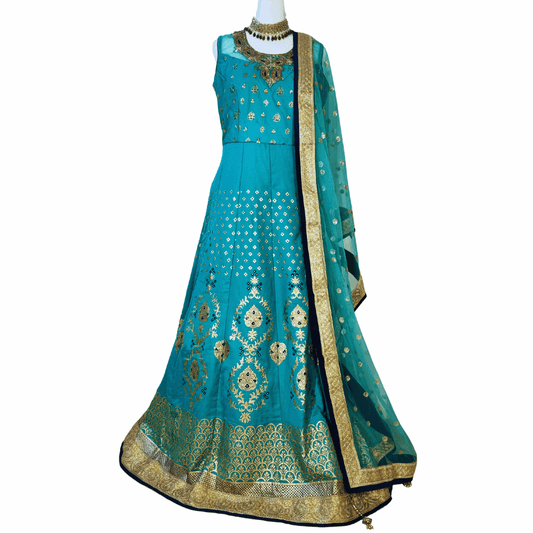 Green Silk Anarkali Full Length Gown ROOHANI FASHIONS LLC.