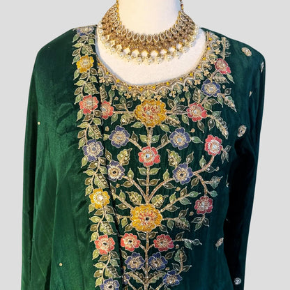 Green Embroidered Gharara with Top and Dupatta