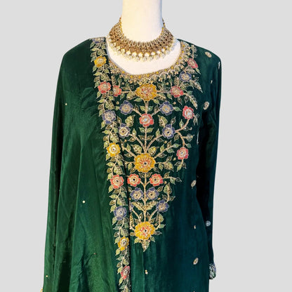 Green Embroidered Gharara with Top and Dupatta