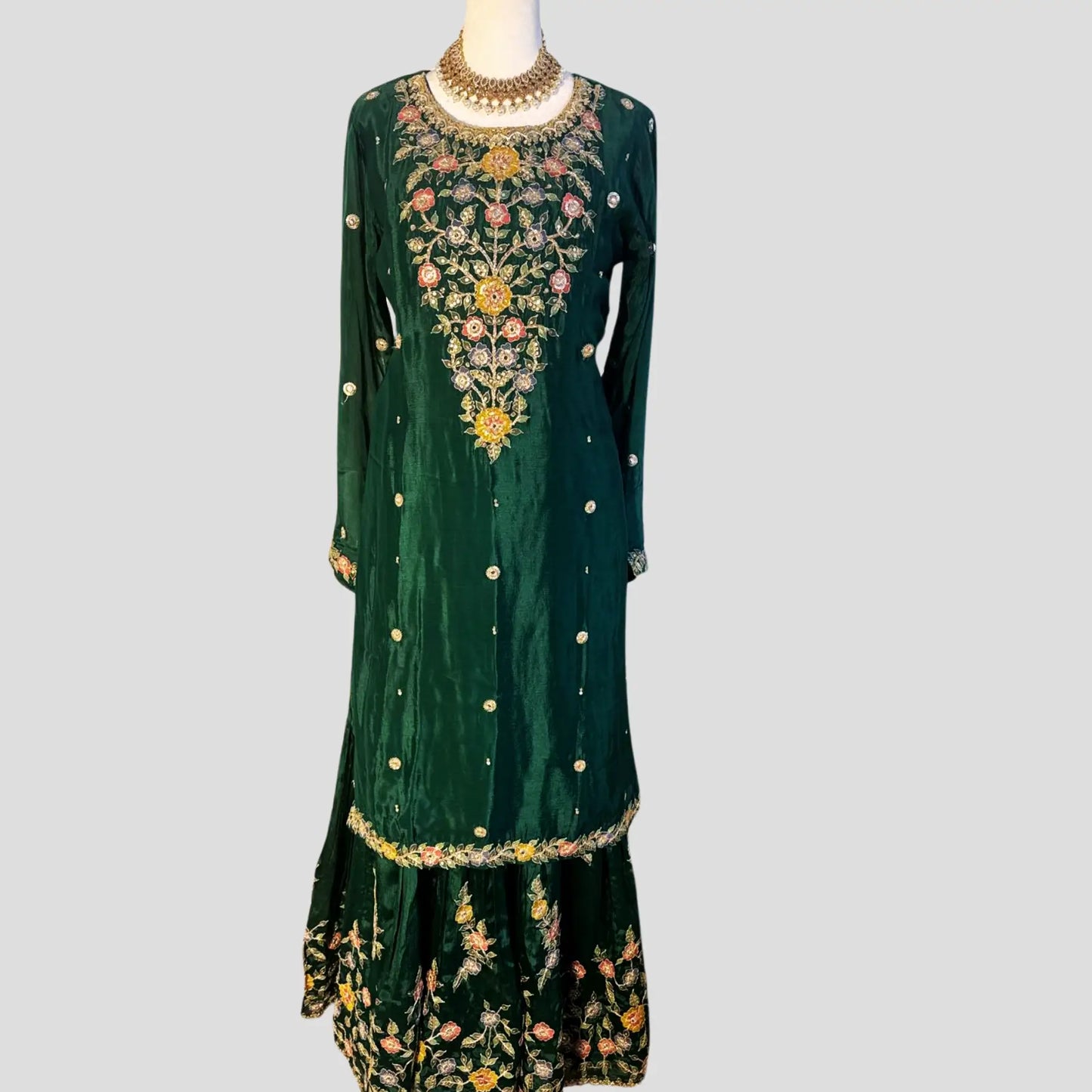 Green Embroidered Gharara with Top and Dupatta