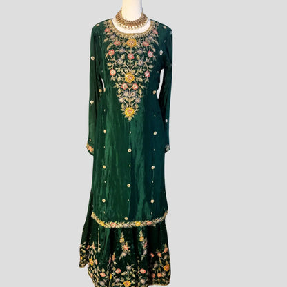 Green Embroidered Gharara with Top and Dupatta