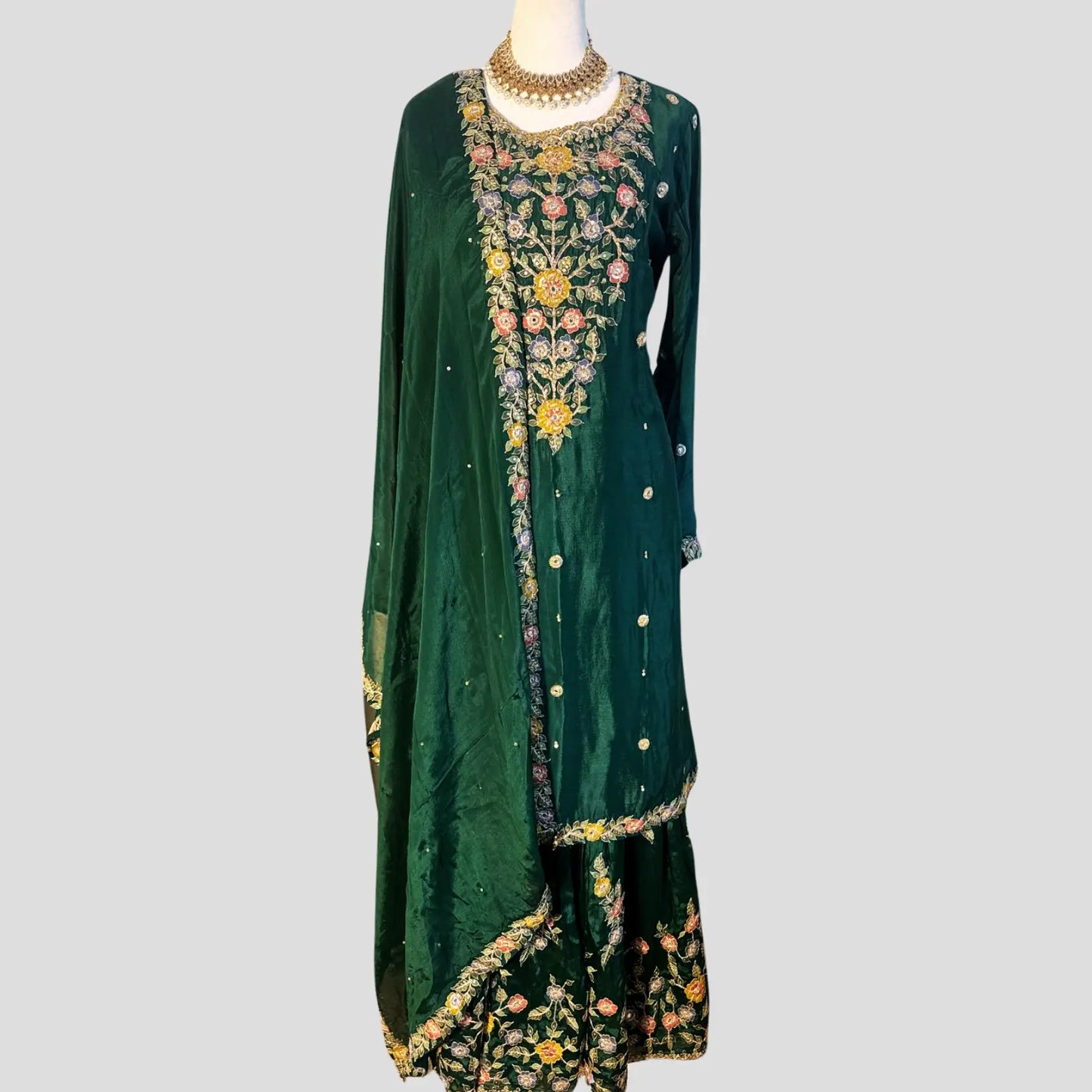 Green Embroidered Gharara with Top and Dupatta