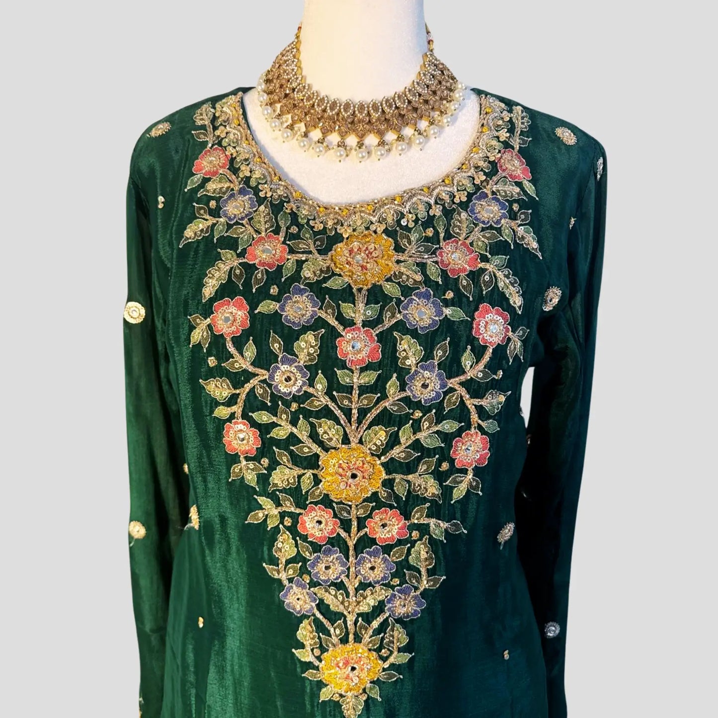 Green Embroidered Gharara with Top and Dupatta