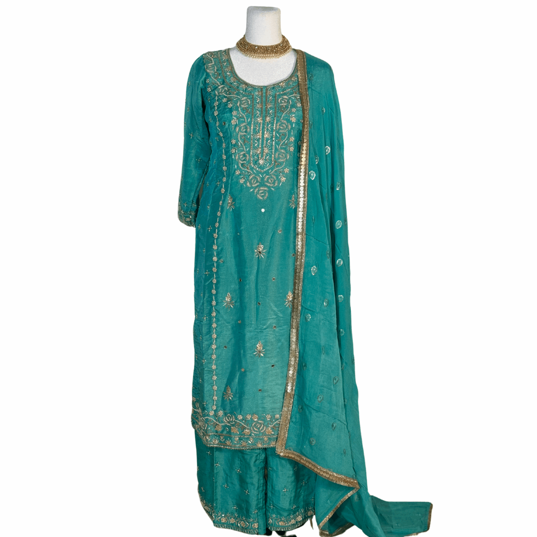 Green Hand Embroidered Top with Dupatta and Palazzo2