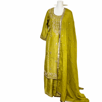 Olive Green Hand Embroidered Top with Dupatta and Palazzo