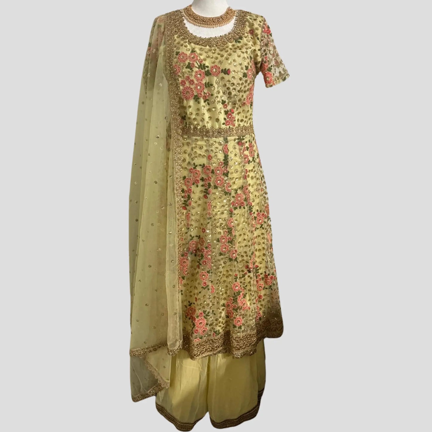 Lemon Net Anarkali with Sharara and Net Dupatta