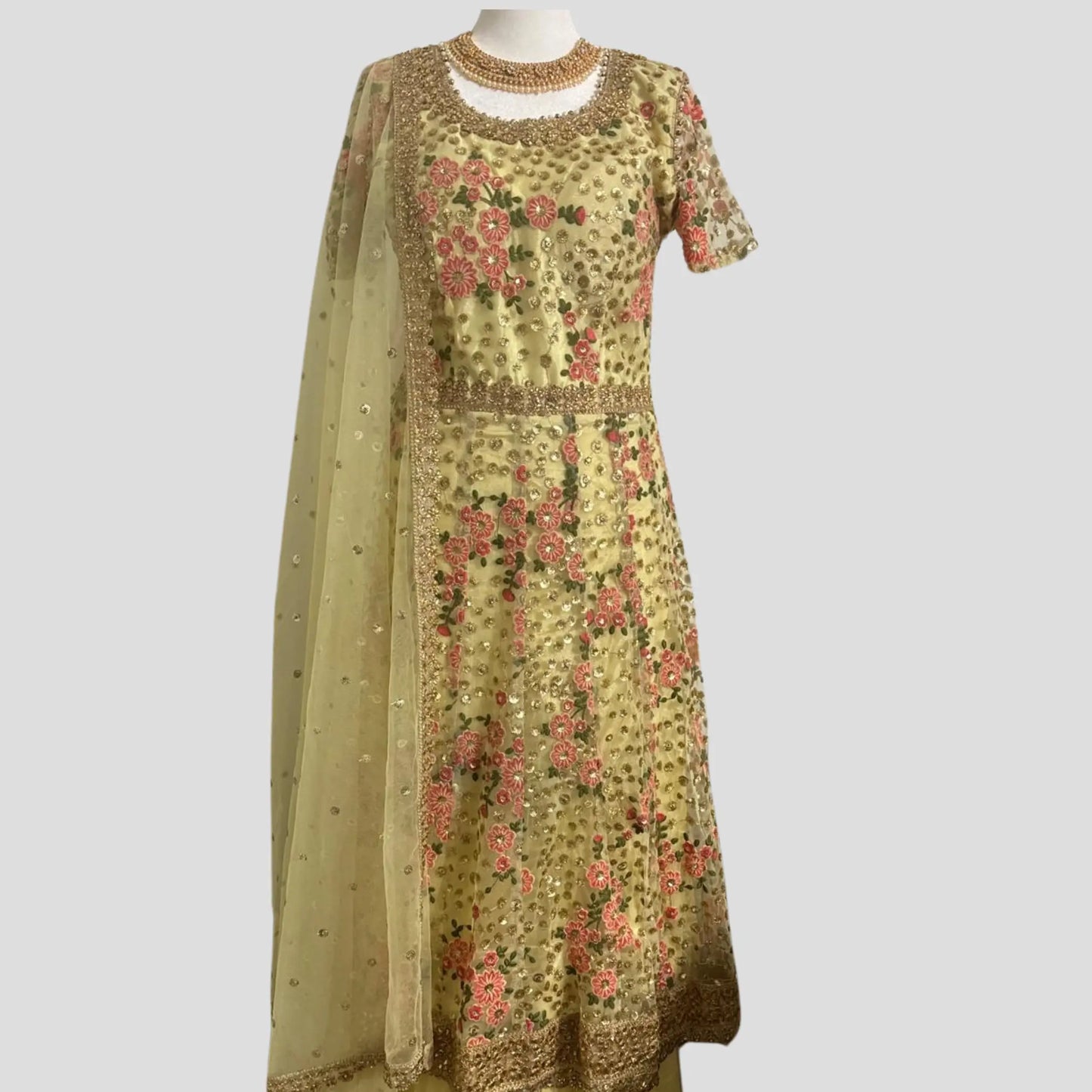 Lemon Net Anarkali with Sharara and Net Dupatta