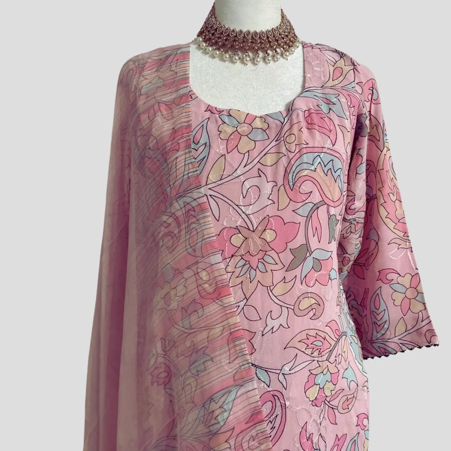 Light Pink  Soft Muslin self embroidered Printed Patiala Suit