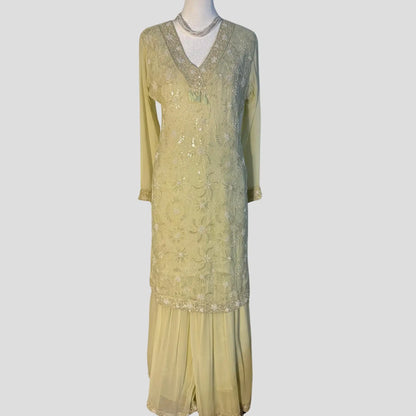 Lemon Green Pearl Embroidered Top with Gharara and Dupatta