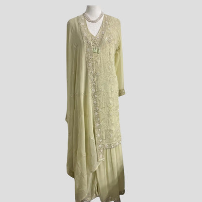 Lemon Green Pearl Embroidered Top with Gharara and Dupatta