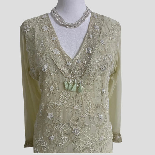 Lemon Green Pearl Embroidered Top with Gharara and Dupatta