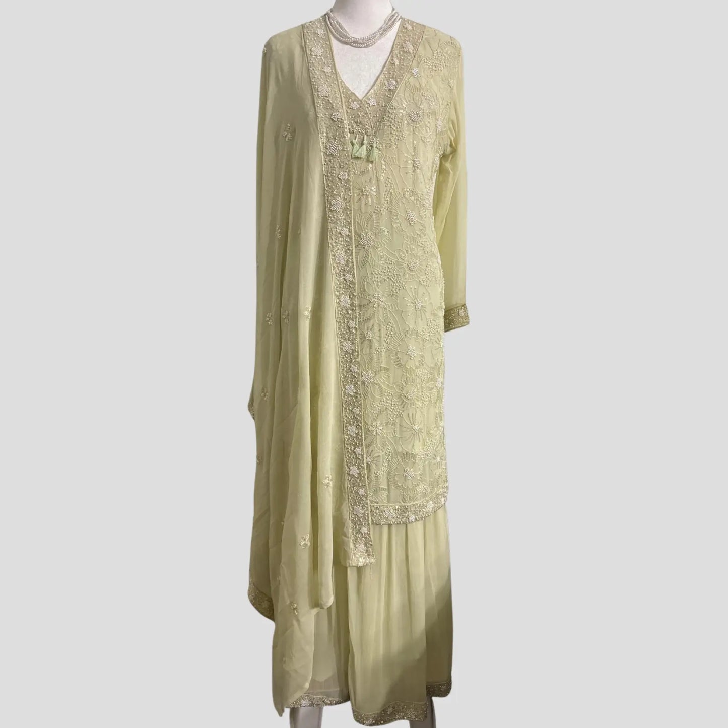 Lemon Green Pearl Embroidered Top with Gharara and Dupatta