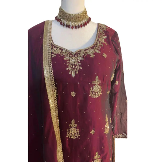 Maroon Embroidered Top with Dupatta and Gharara ROOHANI FASHIONS LLC.