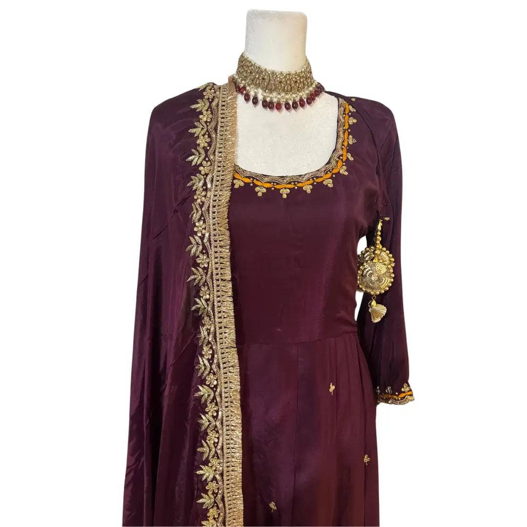 Maroon Hand Embroidered Anarkali with Dupatta and Pants ROOHANI FASHIONS LLC.