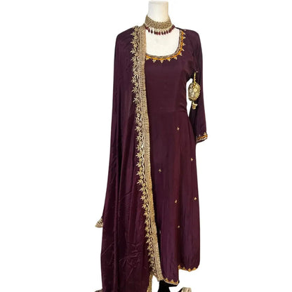 Maroon Hand Embroidered Anarkali with Dupatta and Pants ROOHANI FASHIONS LLC.