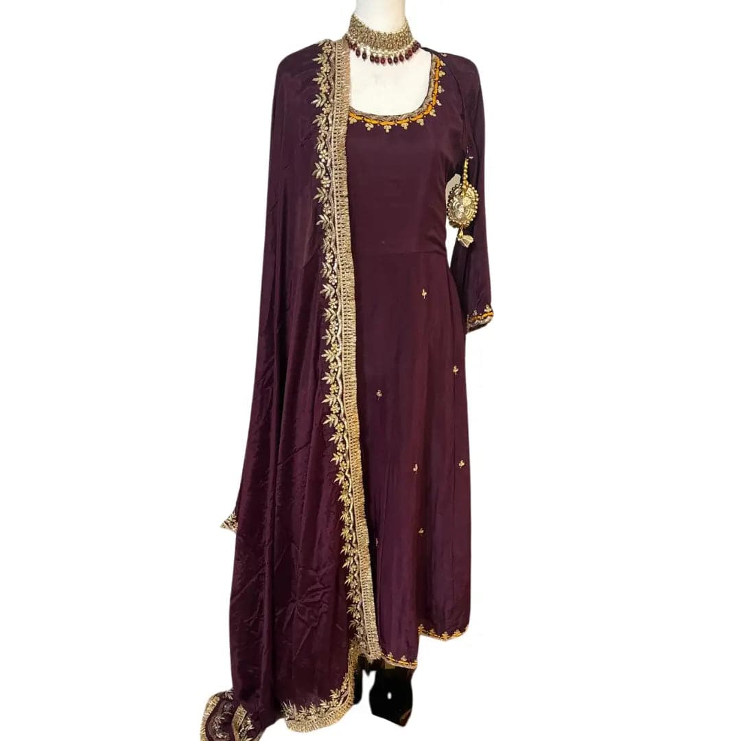 Maroon Hand Embroidered Anarkali with Dupatta and Pants ROOHANI FASHIONS LLC.