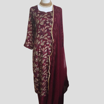 Maroon Muslin Printed Pant Suit