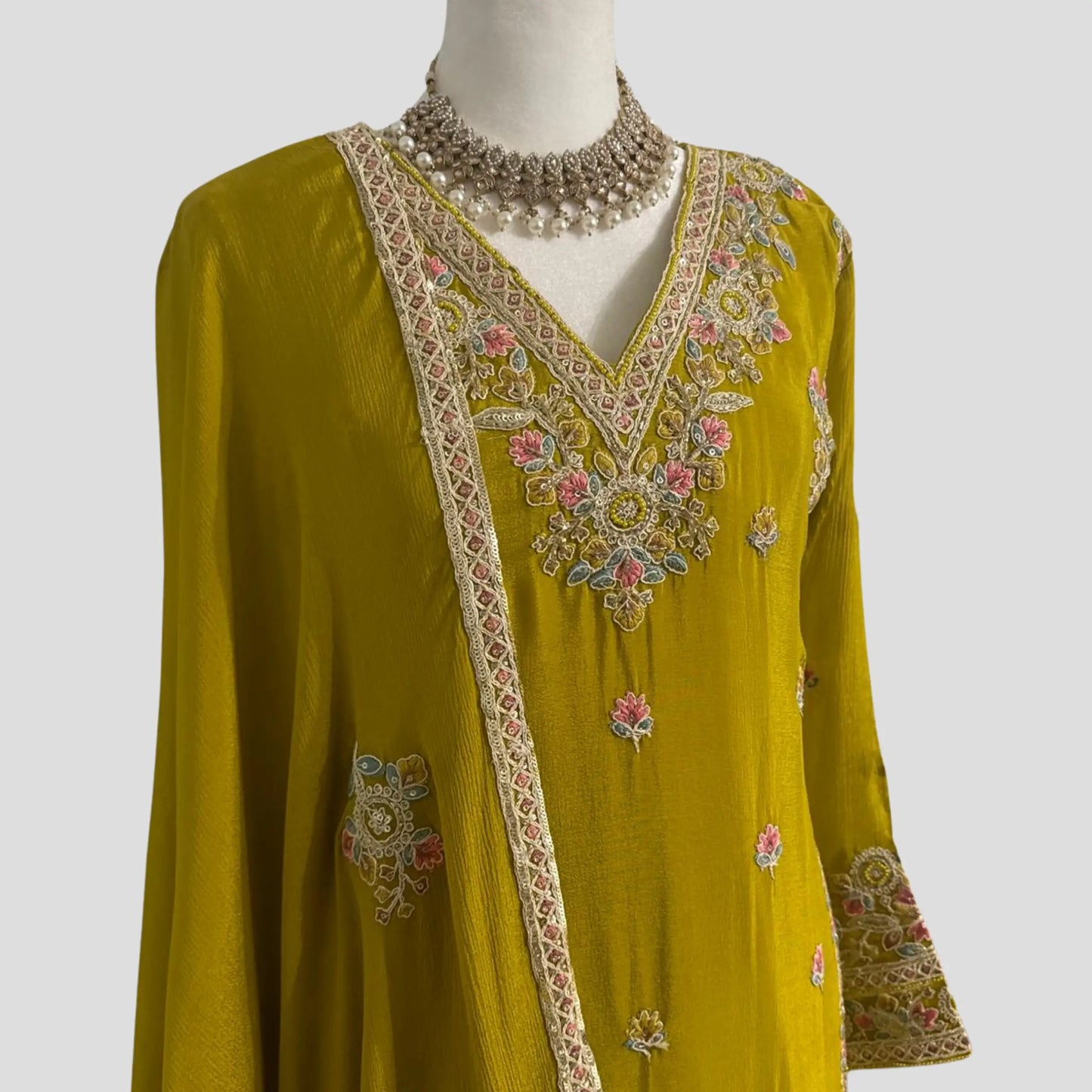 Olive Green Embroidered Sharara with Dupatta