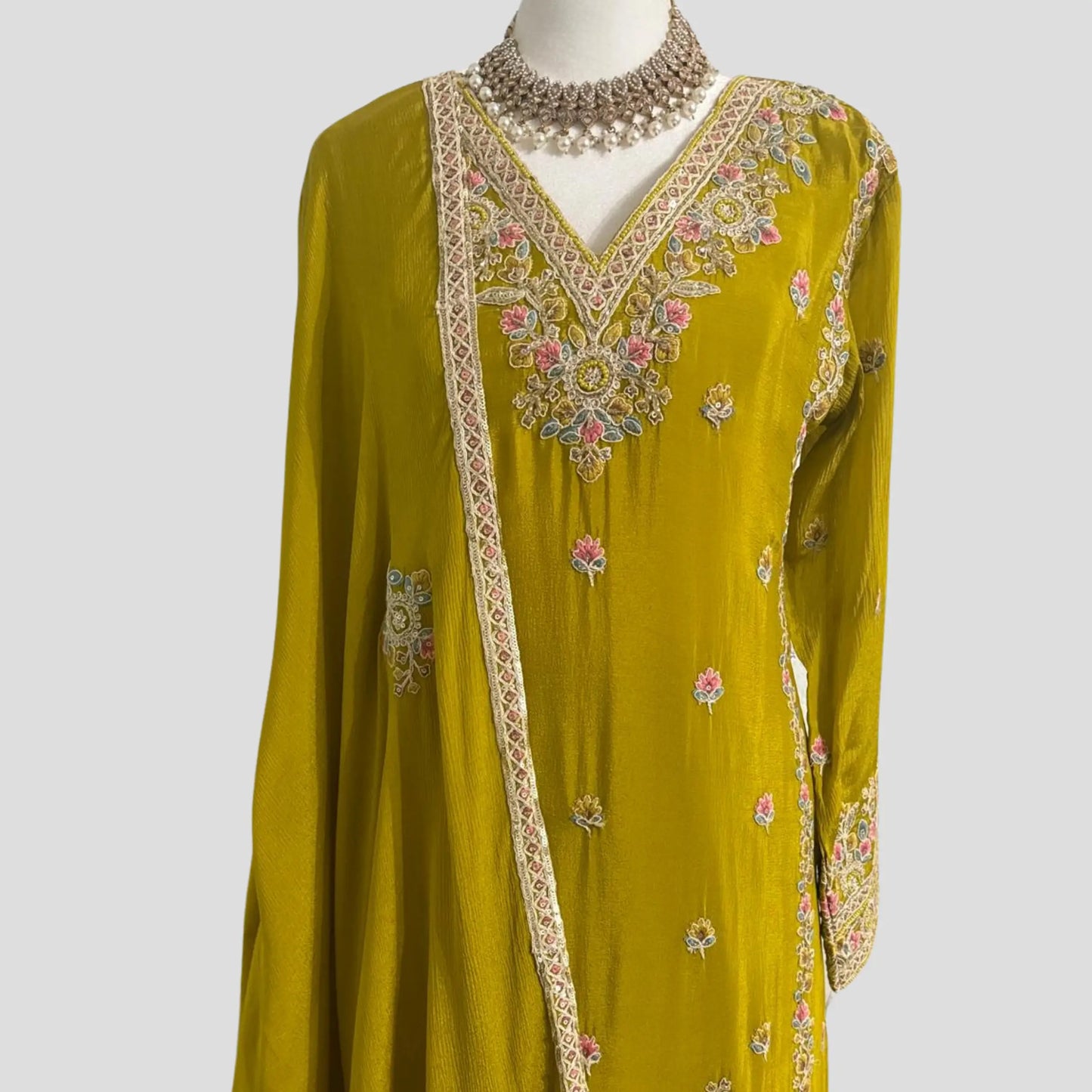 Olive Green Embroidered Sharara with Dupatta