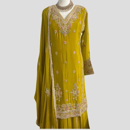 Olive Green Embroidered Sharara with Dupatta