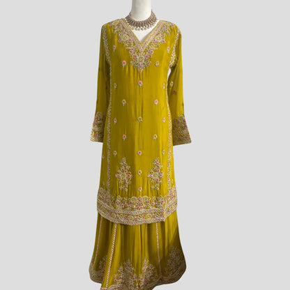 Olive Green Embroidered Sharara with Dupatta